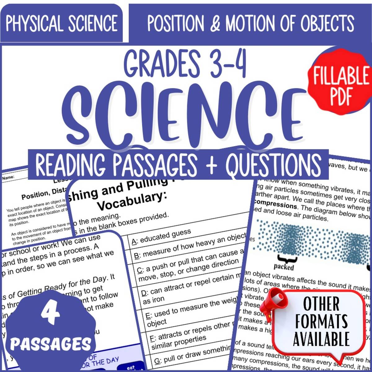 An educational teaching resource from Cored Education entitled Reading Passages on Position and Motion of Objects (Fillable PDF) downloadable at Teach Simple.