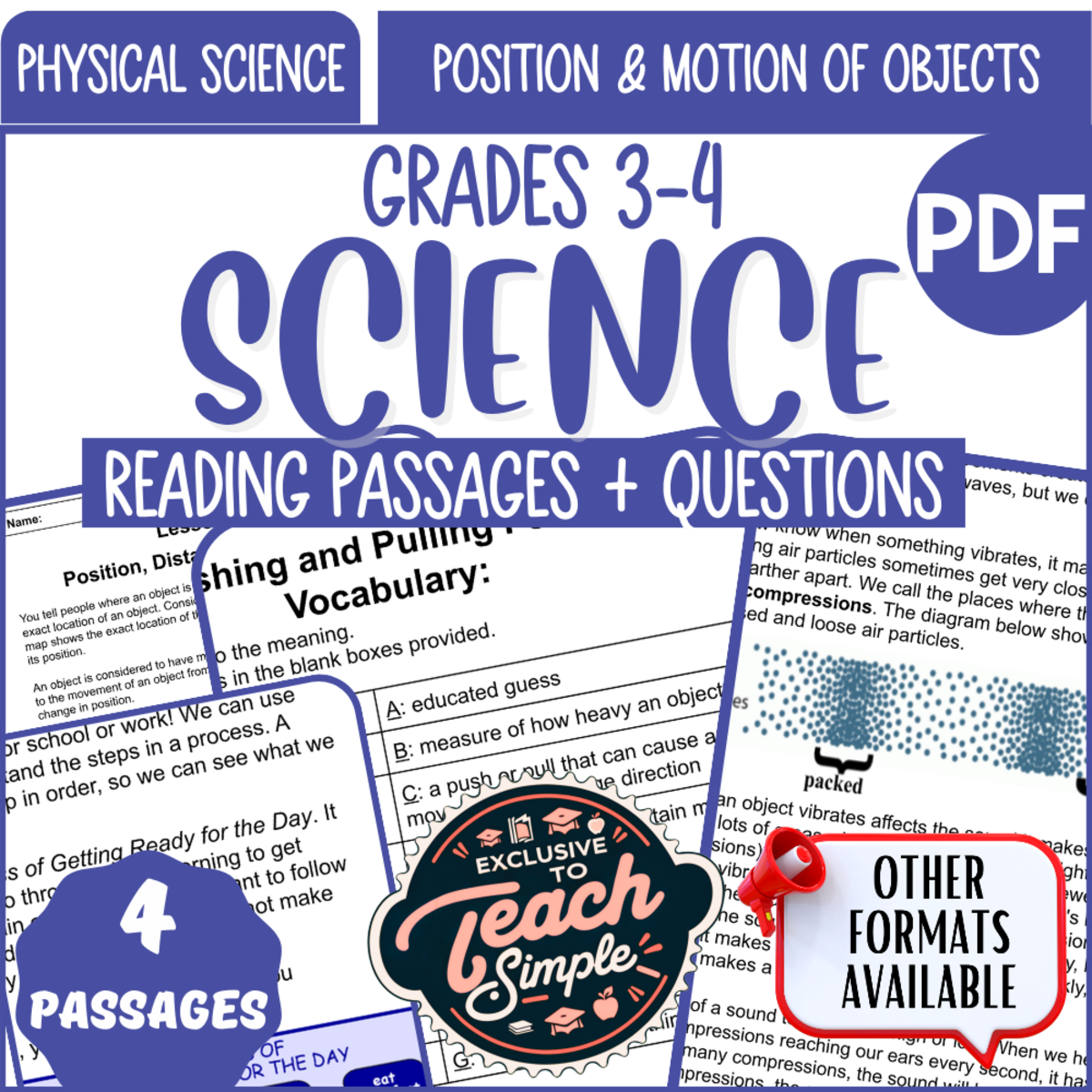 An educational teaching resource from Cored Education entitled Reading Passages on Position and Motion of Objects (PDF) downloadable at Teach Simple.