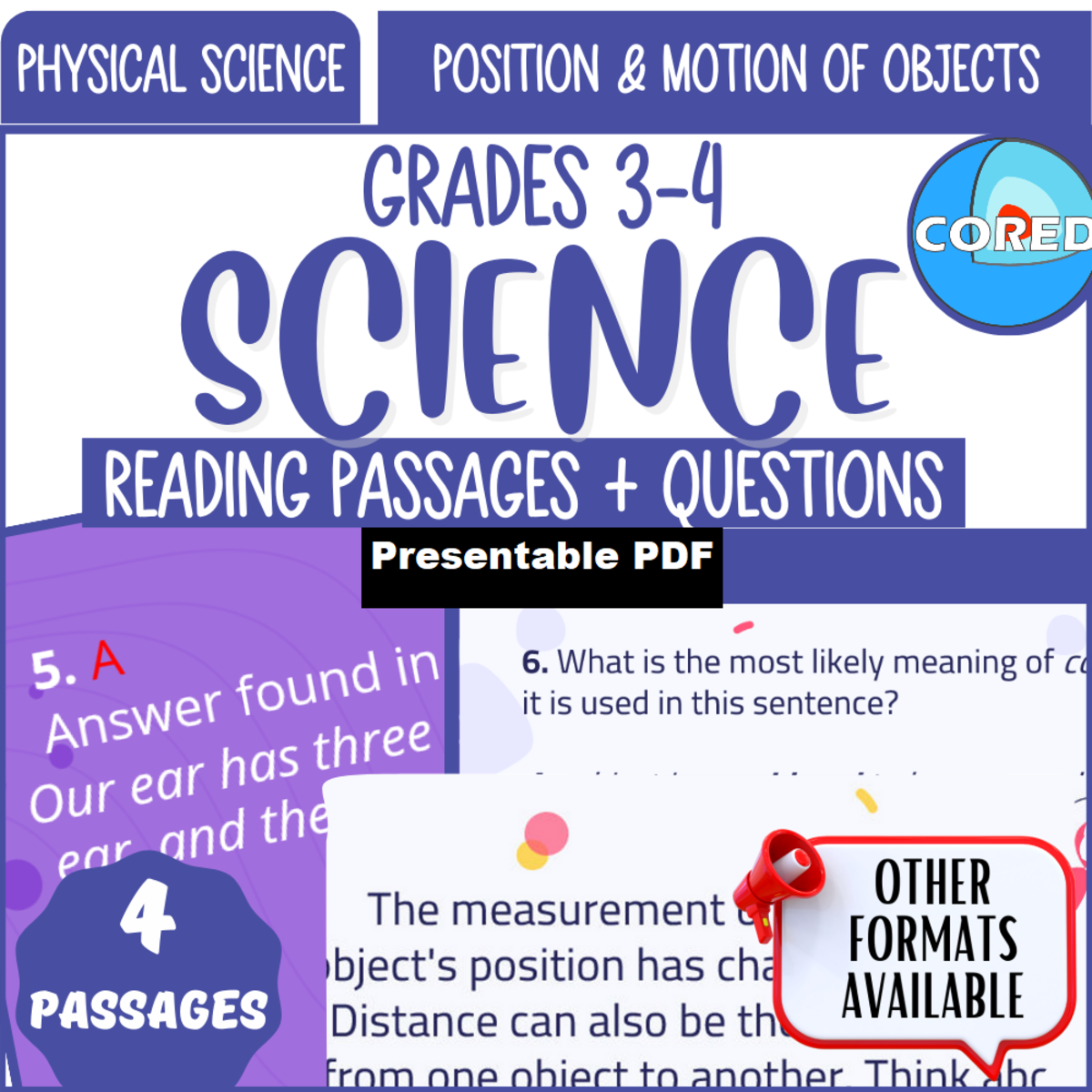 An educational teaching resource from Cored Education entitled Reading Passages on Position and Motion of Objects (Presentable PDF) downloadable at Teach Simple.