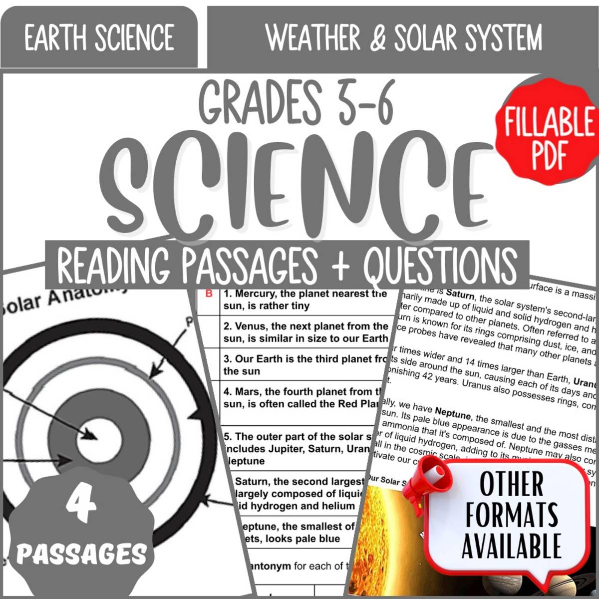 An educational teaching resource from Cored Education entitled Reading Passages on Weather and Solar System (Fillable PDF) downloadable at Teach Simple.