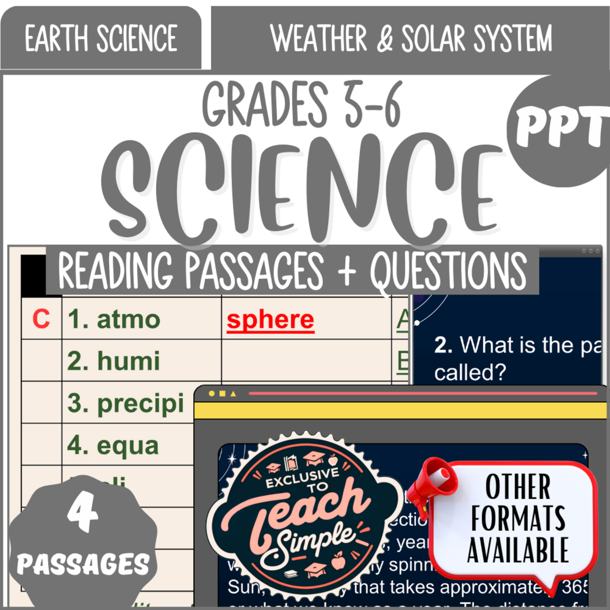 An educational teaching resource from Cored Education entitled Reading Passages on Weather and Solar System (PPT) downloadable at Teach Simple.