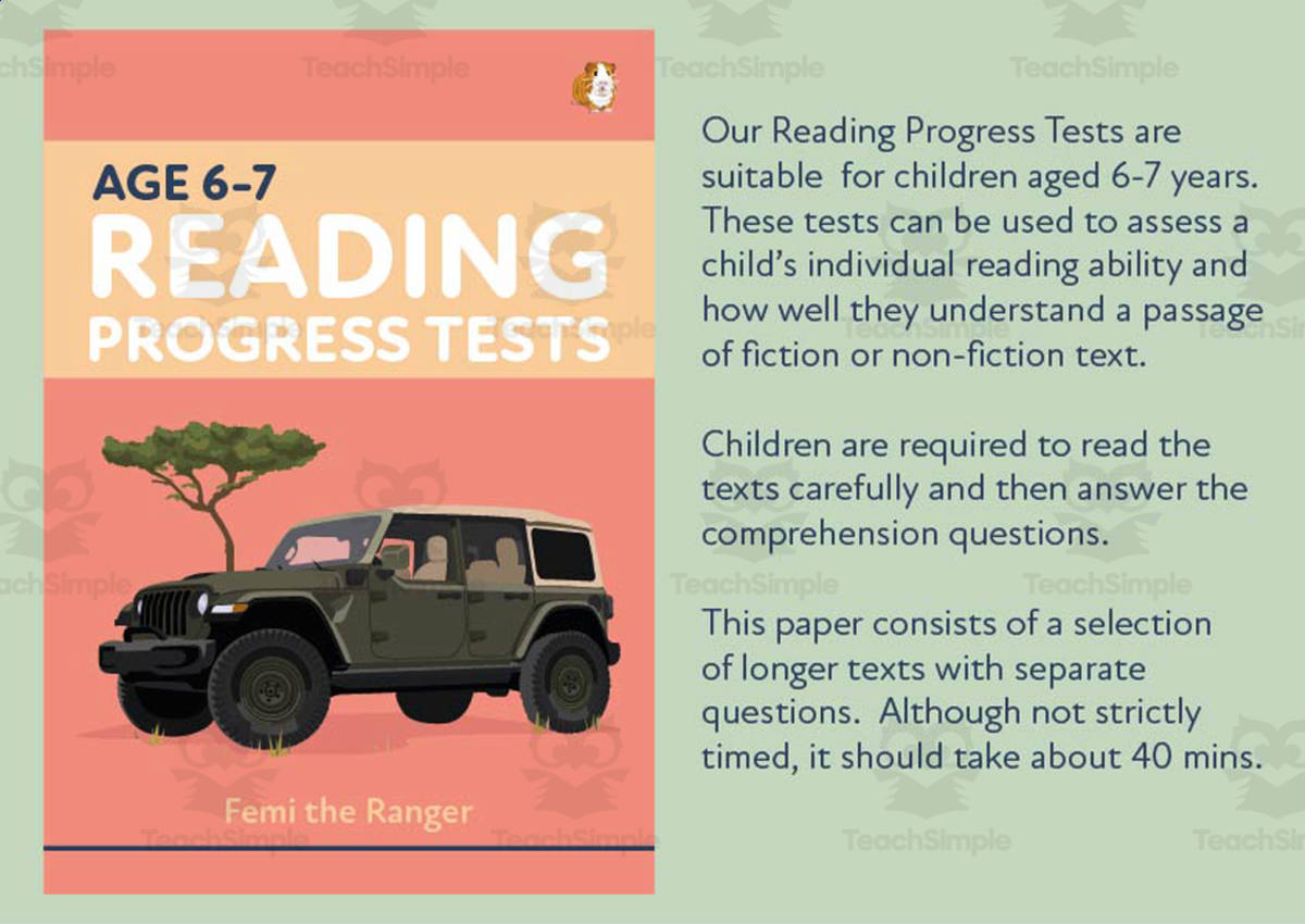 An educational teaching resource from Guinea Pig Education entitled Reading Progress Test 2B - Age 6-7 - KS1 - Femi the Ranger downloadable at Teach Simple.