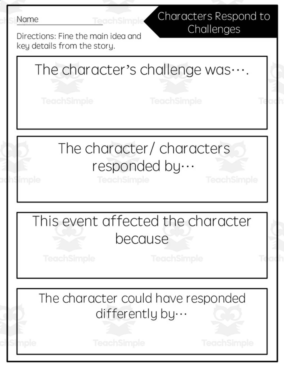 An educational teaching resource from Rebecca Hurd entitled Reading Quick Check: Characters Respond to Challenges downloadable at Teach Simple.