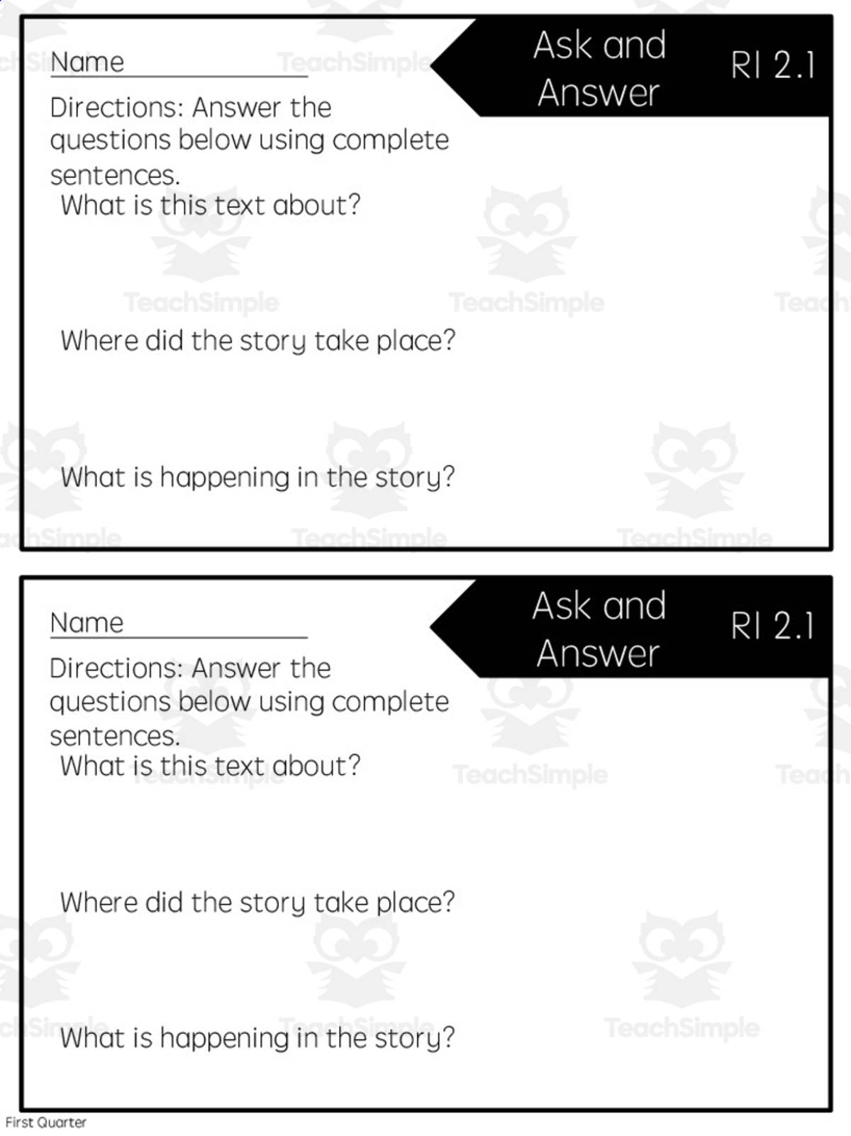 An educational teaching resource from Rebecca Hurd entitled Reading Quick Check: RI 2.1 Ask and Answer - 1st Quarter downloadable at Teach Simple.