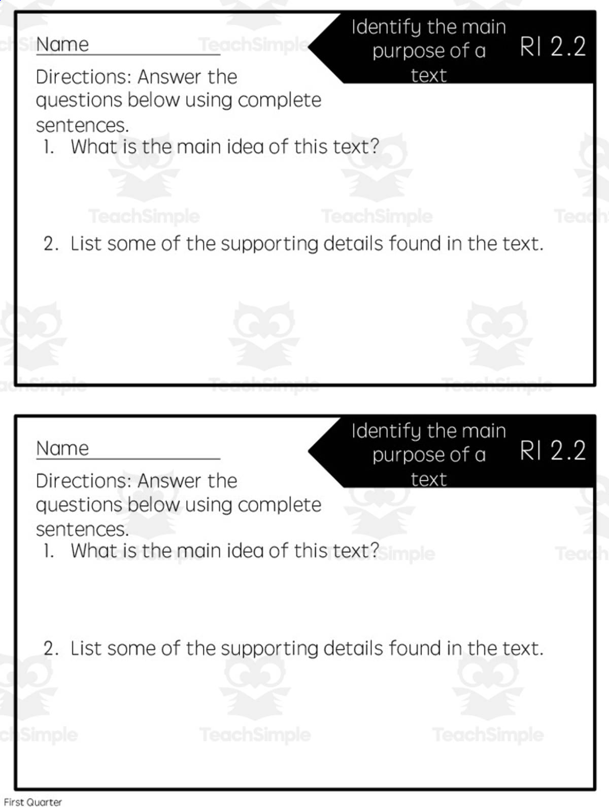 An educational teaching resource from Rebecca Hurd entitled Reading Quick Check: RI 2.2 Main Purpose of a Text - 1st Quarter downloadable at Teach Simple.