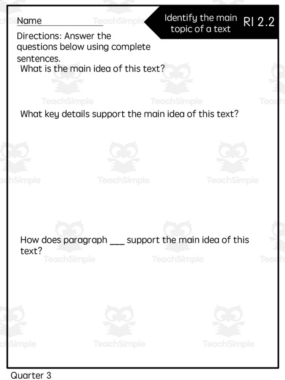 An educational teaching resource from Rebecca Hurd entitled Reading Quick Check: RI 2.2 Main Purpose of a Text - 3rd Quarter downloadable at Teach Simple.