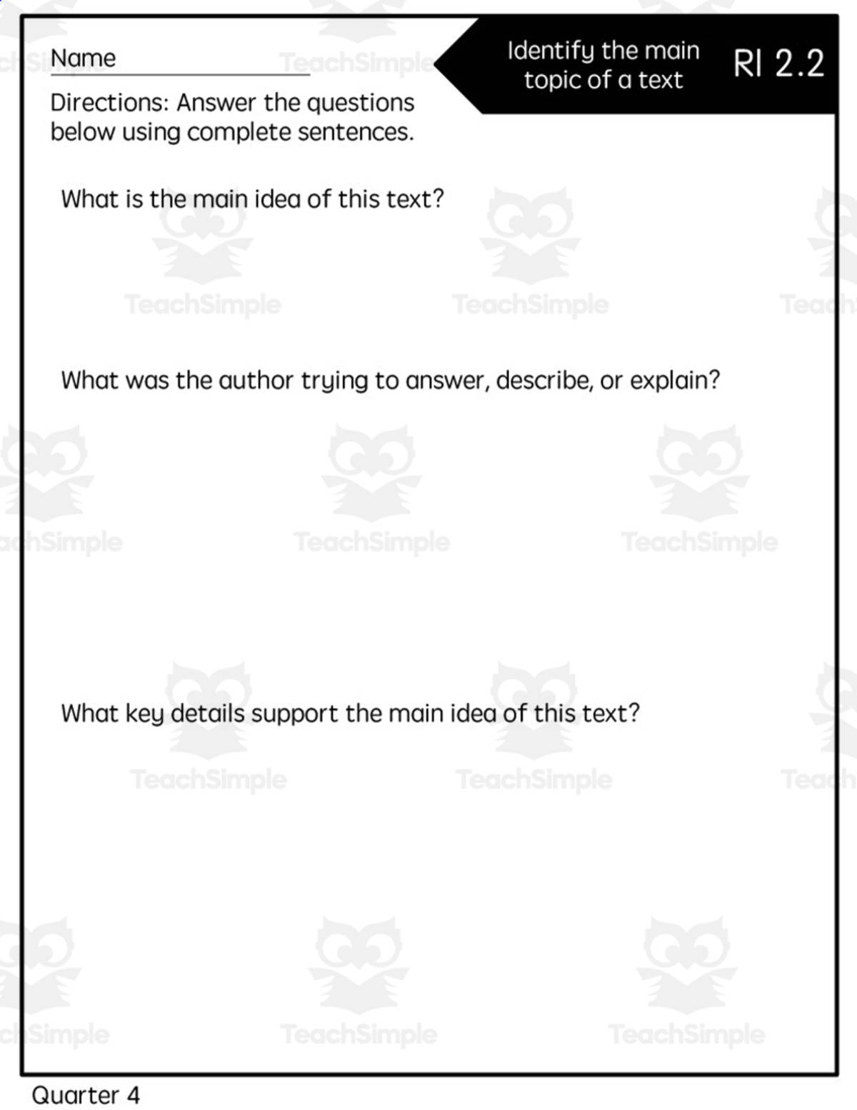 An educational teaching resource from Rebecca Hurd entitled Reading Quick Check: RI 2.2 Main Purpose of a Text - 4th Quarter downloadable at Teach Simple.