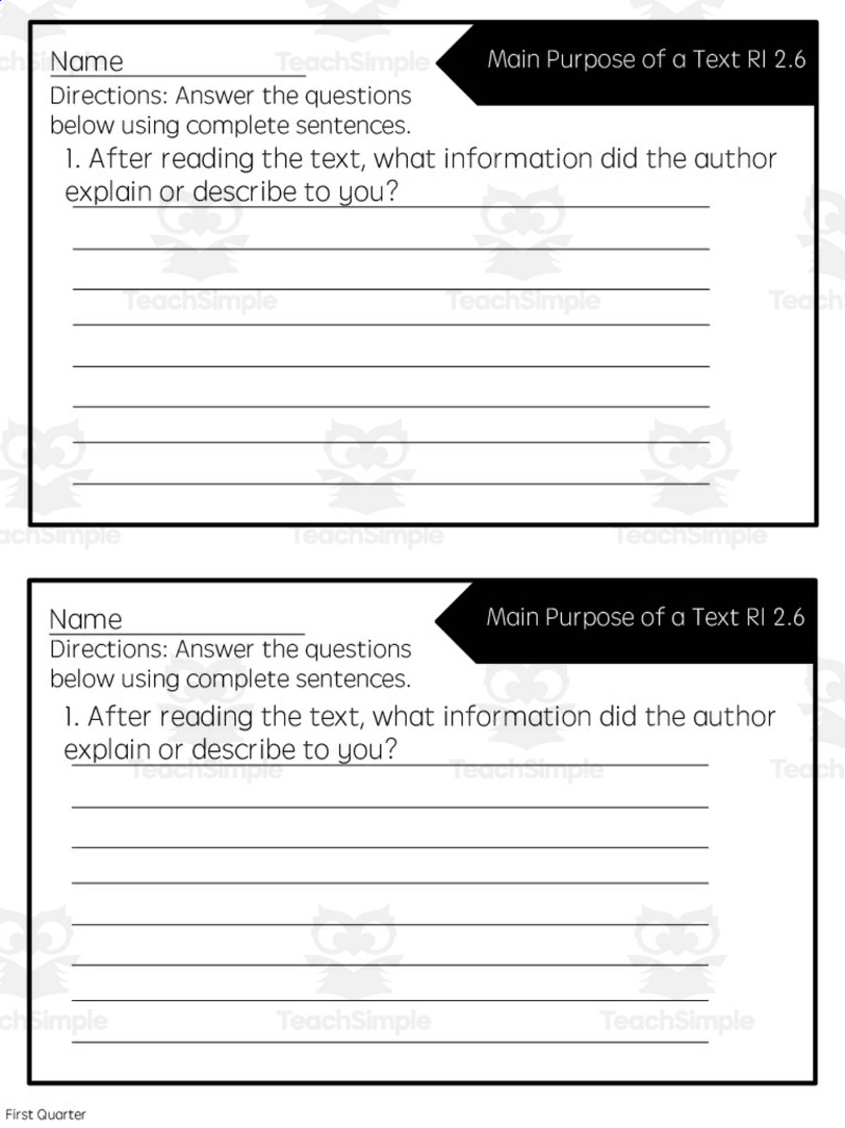 An educational teaching resource from Rebecca Hurd entitled Reading Quick Check: RI 2.6 Main Purpose of a Text - 1st Quarter downloadable at Teach Simple.