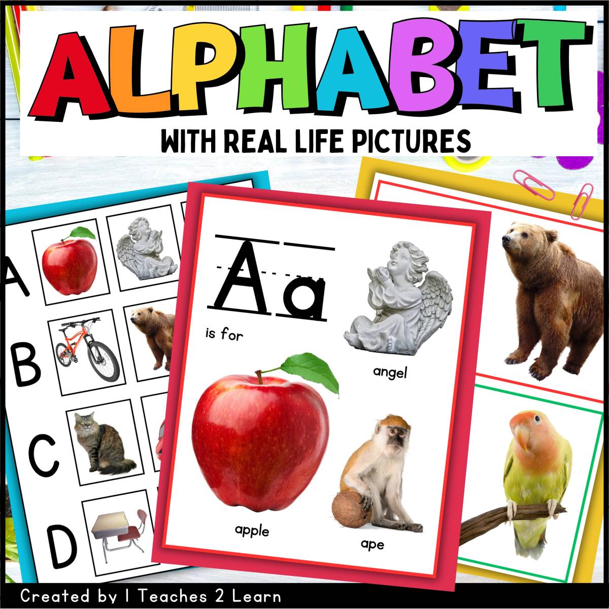 An educational teaching resource from 1 Teaches 2 Learn entitled Real-World Alphabet Learning Bundle – Posters, Cards, and Quizzes downloadable at Teach Simple.