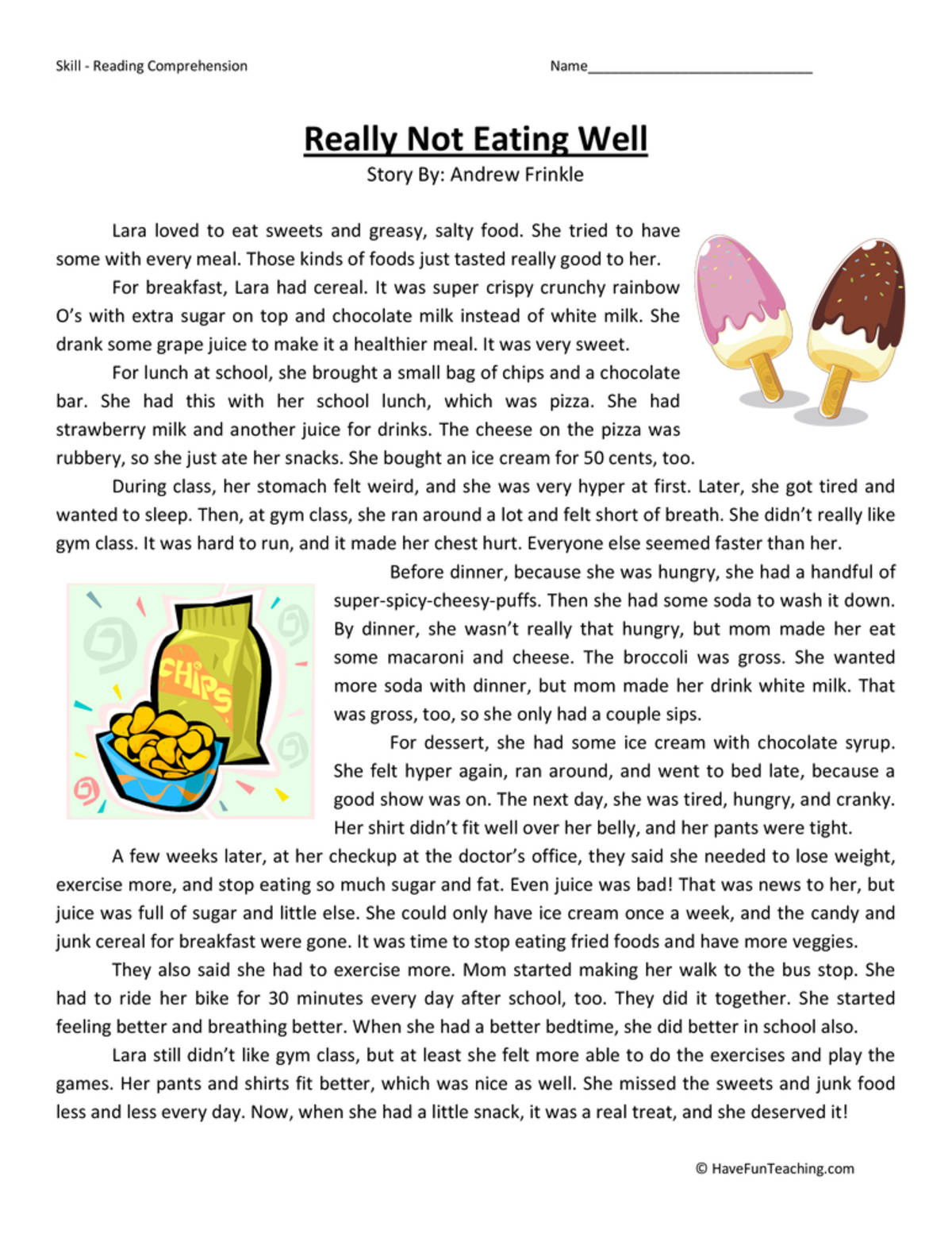 An educational teaching resource from Have Fun Teaching entitled Really Not Eating Well Reading Comprehension Worksheet downloadable at Teach Simple.
