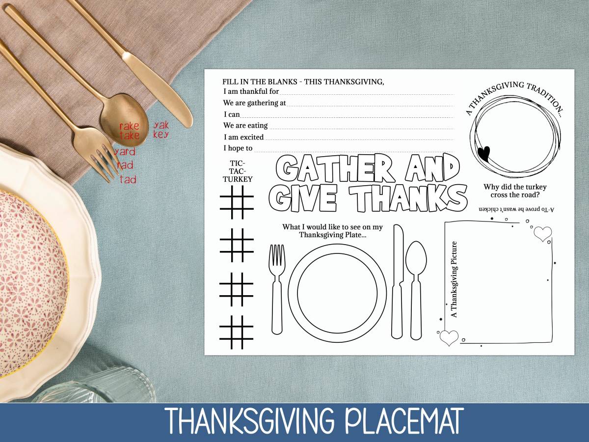 An educational teaching resource from Forever June Digital Design entitled Reasons to be Thankful Gratitude List, Printable Thanksgiving Placemat downloadable at Teach Simple.