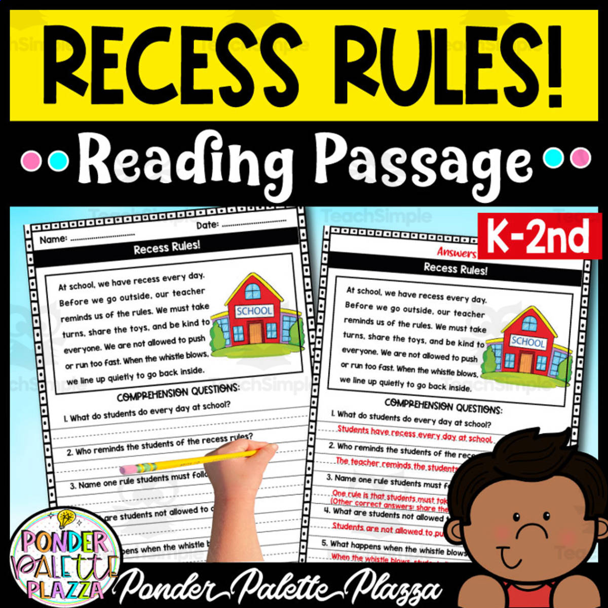 An educational teaching resource from Ponder Palette Plazza entitled Recess Rules! - Back to School Reading Comprehension downloadable at Teach Simple.