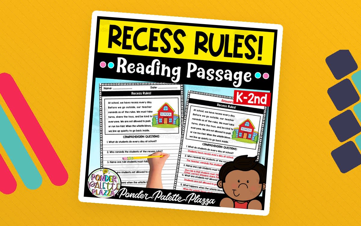An educational teaching resource from Ponder Palette Plazza entitled Recess Rules! - Back to School Reading Comprehension downloadable at Teach Simple.