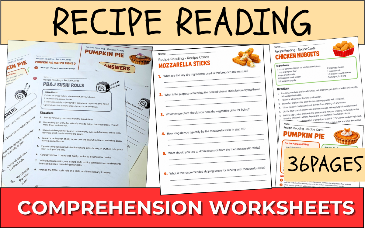 An educational teaching resource from life skills learning store entitled Recipe Mastery : Recipe Reading Comprehension Worksheets downloadable at Teach Simple.