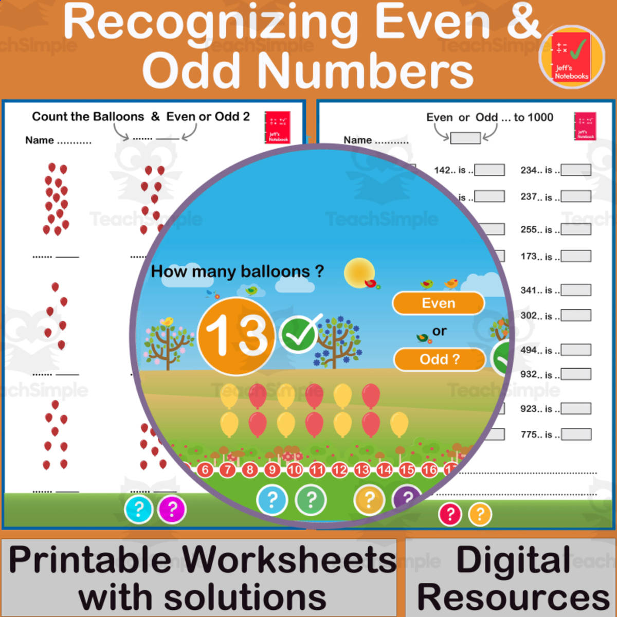 An educational teaching resource from Jeff's Notebooks entitled Recognising & Identifying  Even & Odd Numbers - Grade 2 downloadable at Teach Simple.