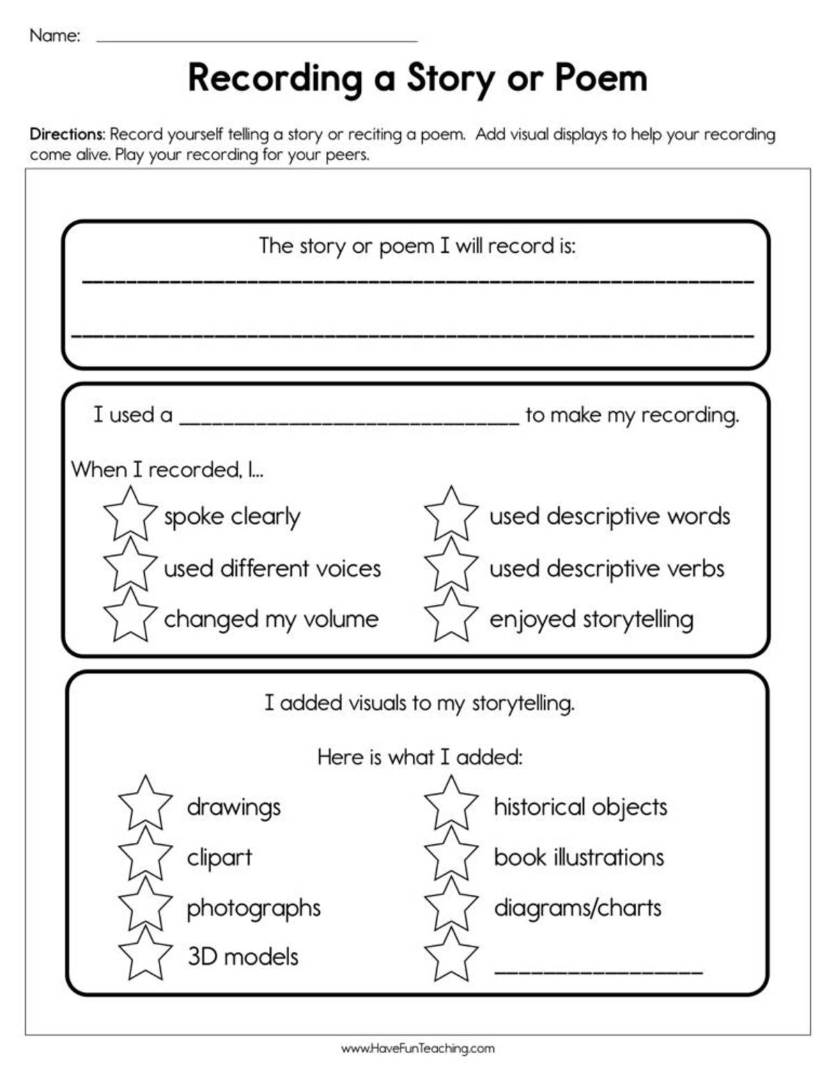An educational teaching resource from Have Fun Teaching entitled Recording a Story or Poem Worksheet downloadable at Teach Simple.