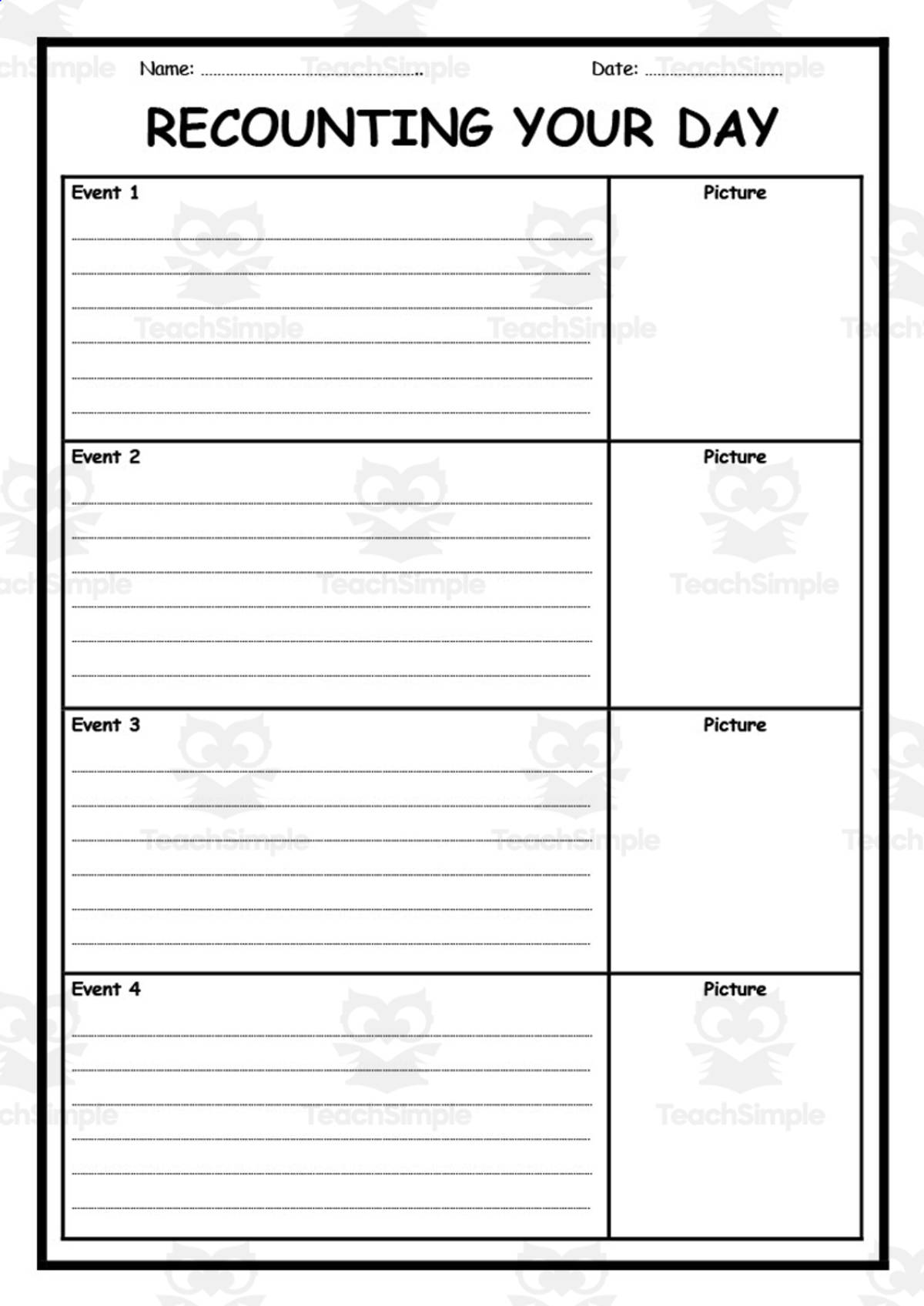 An educational teaching resource from Elementary Resources 4 U entitled Recounting Your Day Worksheet downloadable at Teach Simple.