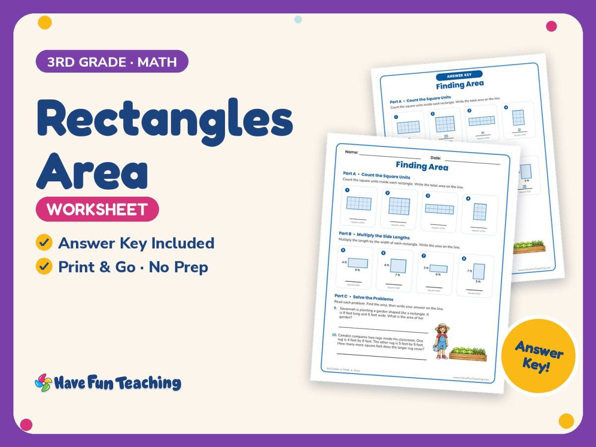 Rectangles Area Worksheet – 3rd Grade Geometry Practice + Answer Key preview