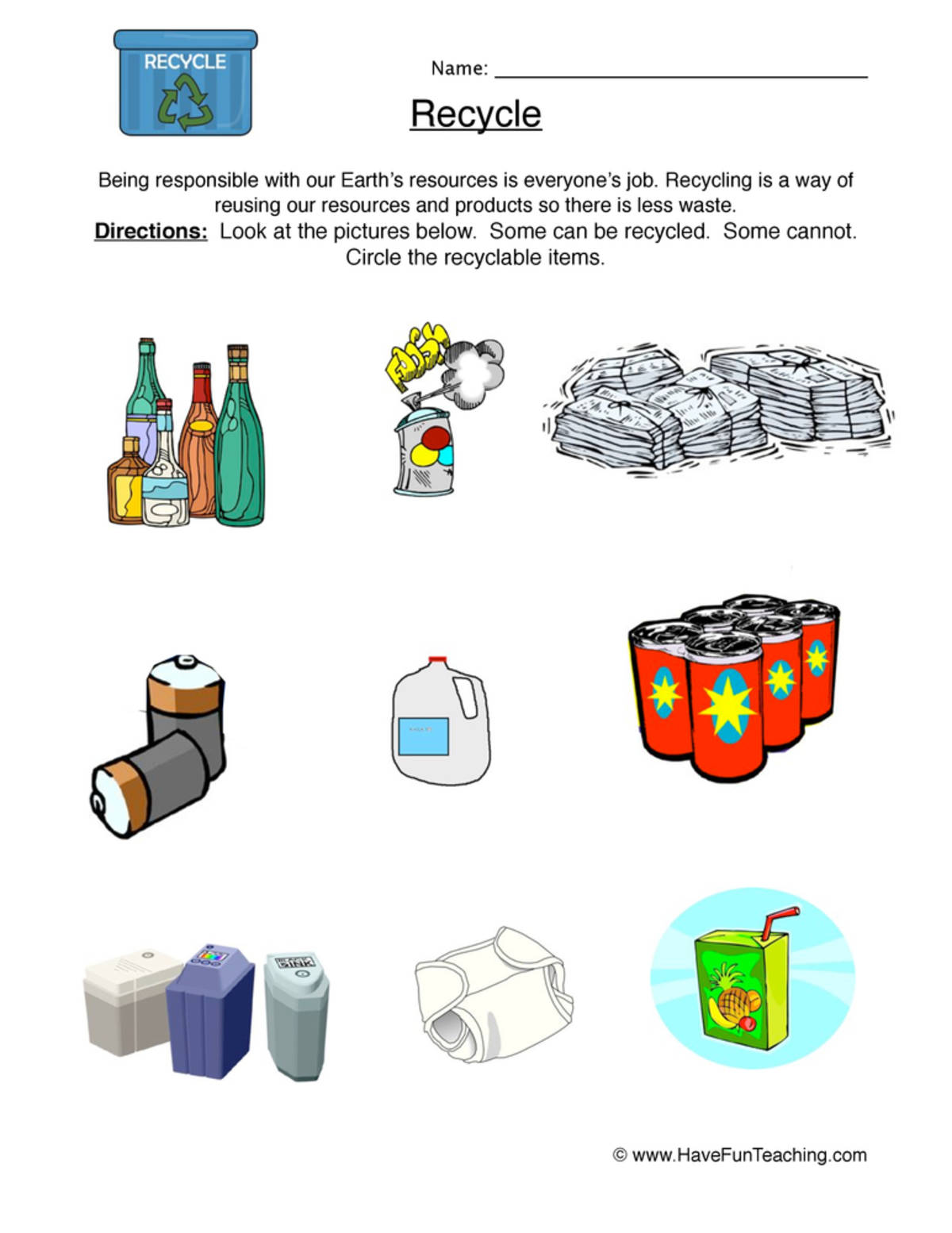 An educational teaching resource from Have Fun Teaching entitled Recycle Worksheet downloadable at Teach Simple.