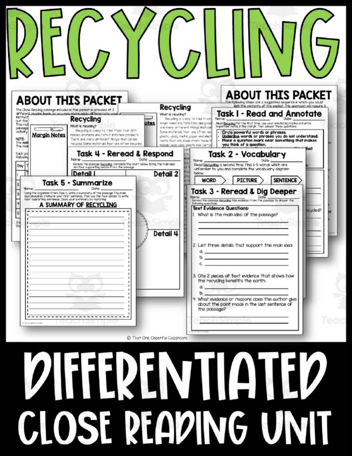 An educational teaching resource from That One Cheerful Classroom entitled "Recycling" Close Reading Passages downloadable at Teach Simple.