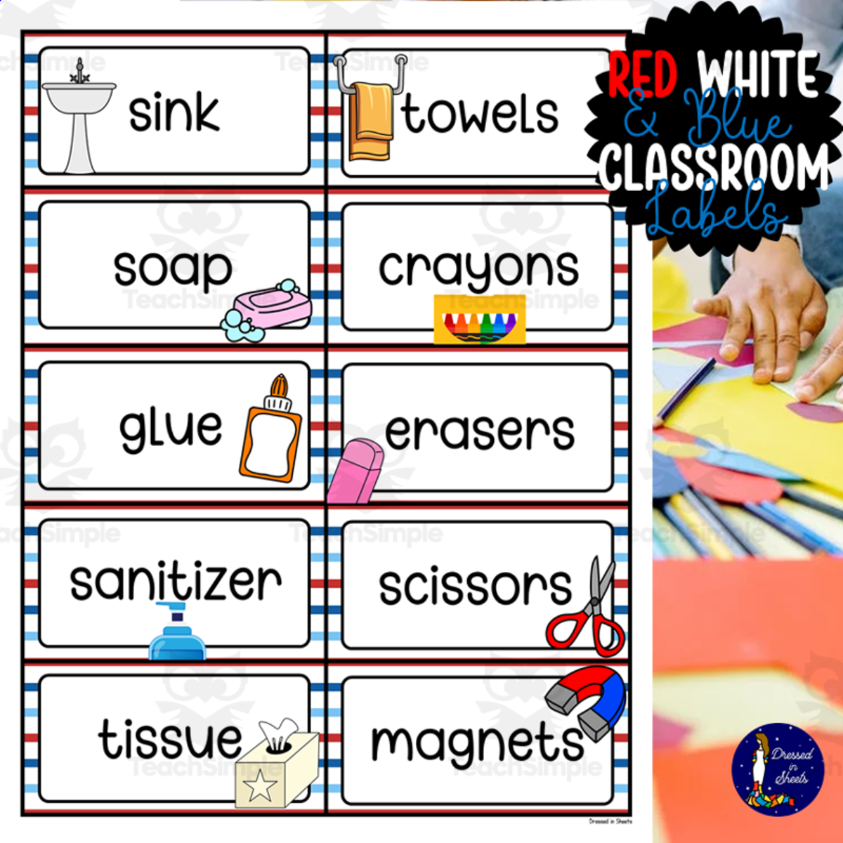 An educational teaching resource from Soumara Siddiqui entitled Red White and Blue Classroom Labels downloadable at Teach Simple.