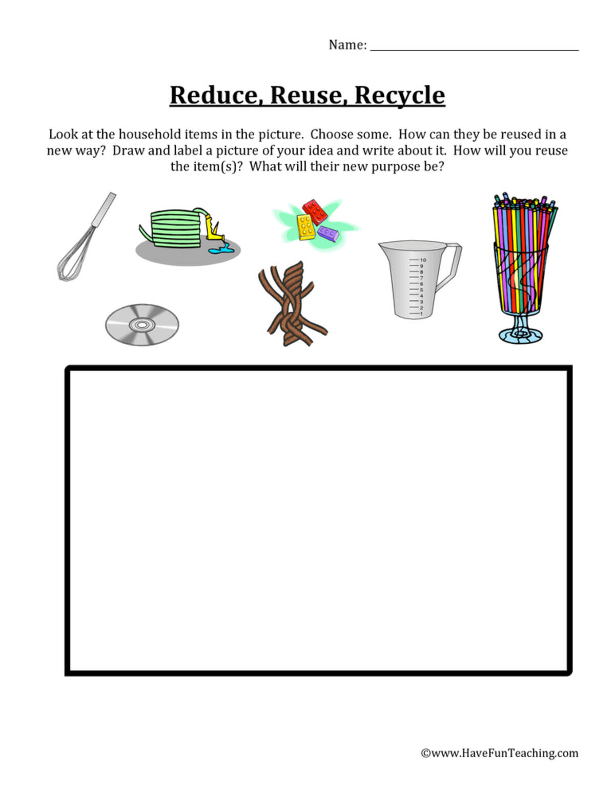 An educational teaching resource from Have Fun Teaching entitled Reduce, Reuse, Recycle Items Worksheet downloadable at Teach Simple.