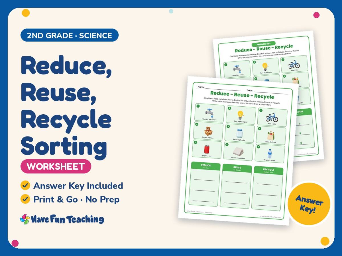 Reduce, Reuse, Recycle Sorting Worksheet – 2nd Grade Earth Day preview