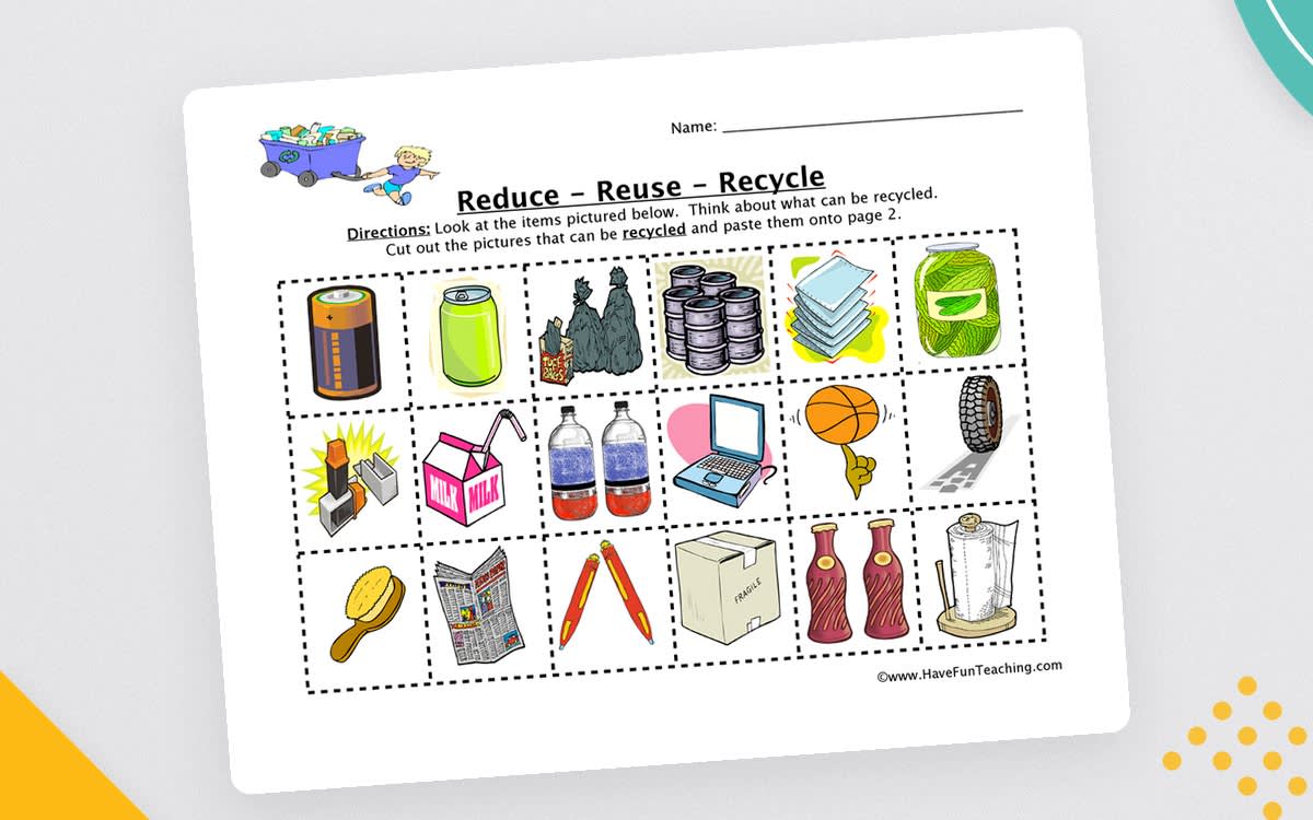An educational teaching resource from Have Fun Teaching entitled Reduce, Reuse, Recycle Sorting Worksheet downloadable at Teach Simple.