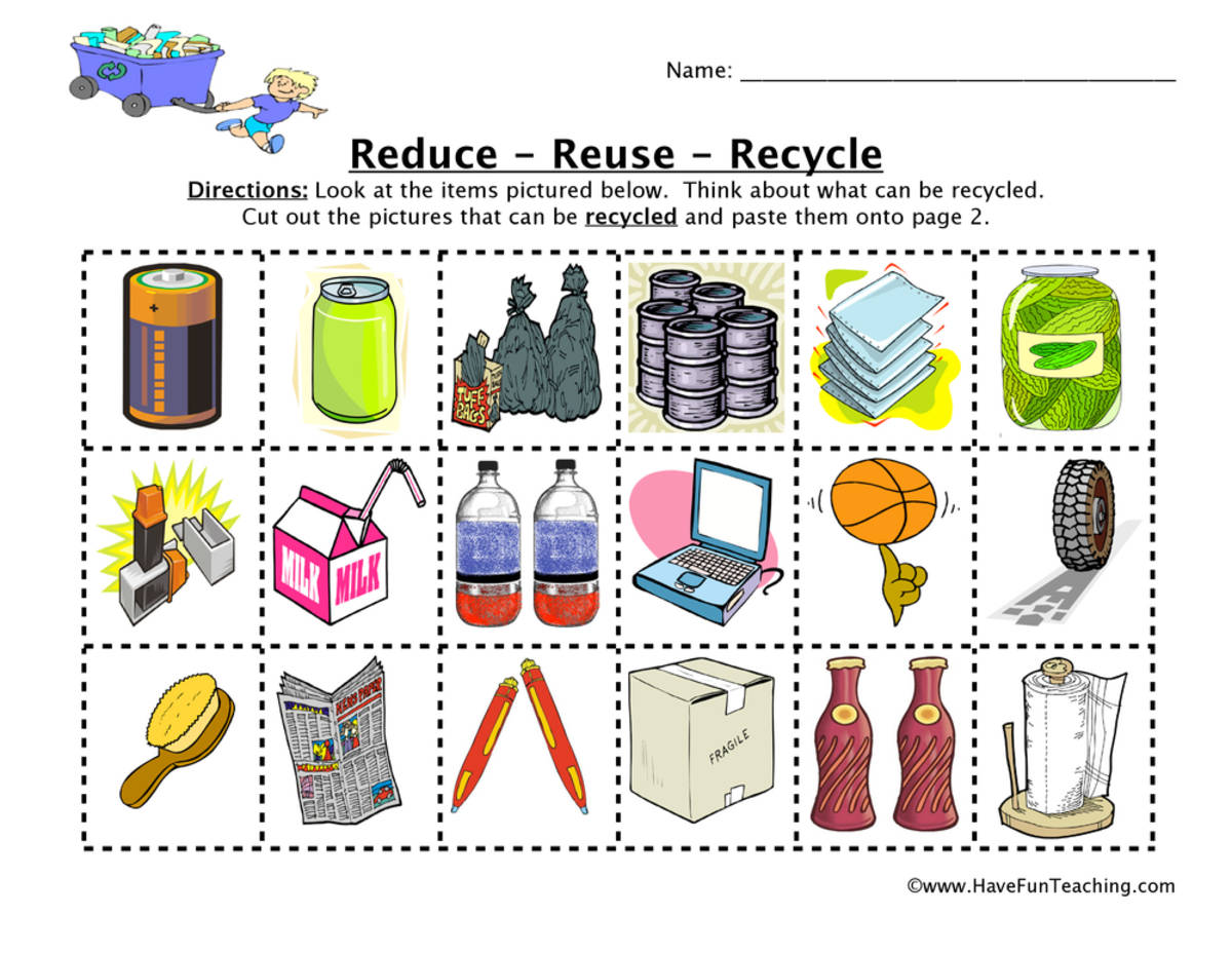 An educational teaching resource from Have Fun Teaching entitled Reduce, Reuse, Recycle Sorting Worksheet downloadable at Teach Simple.
