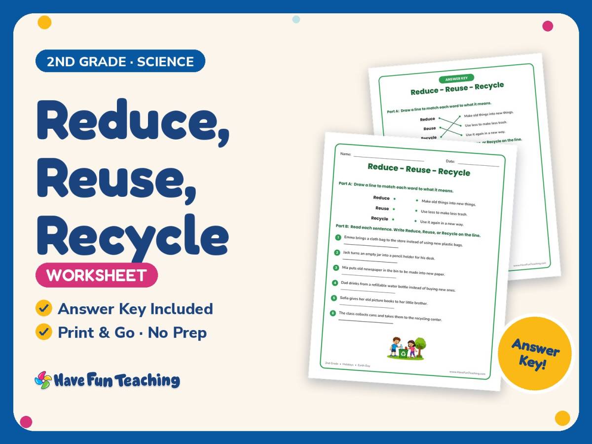 Reduce, Reuse, Recycle Worksheet – 2nd Grade Earth Day & Resources preview
