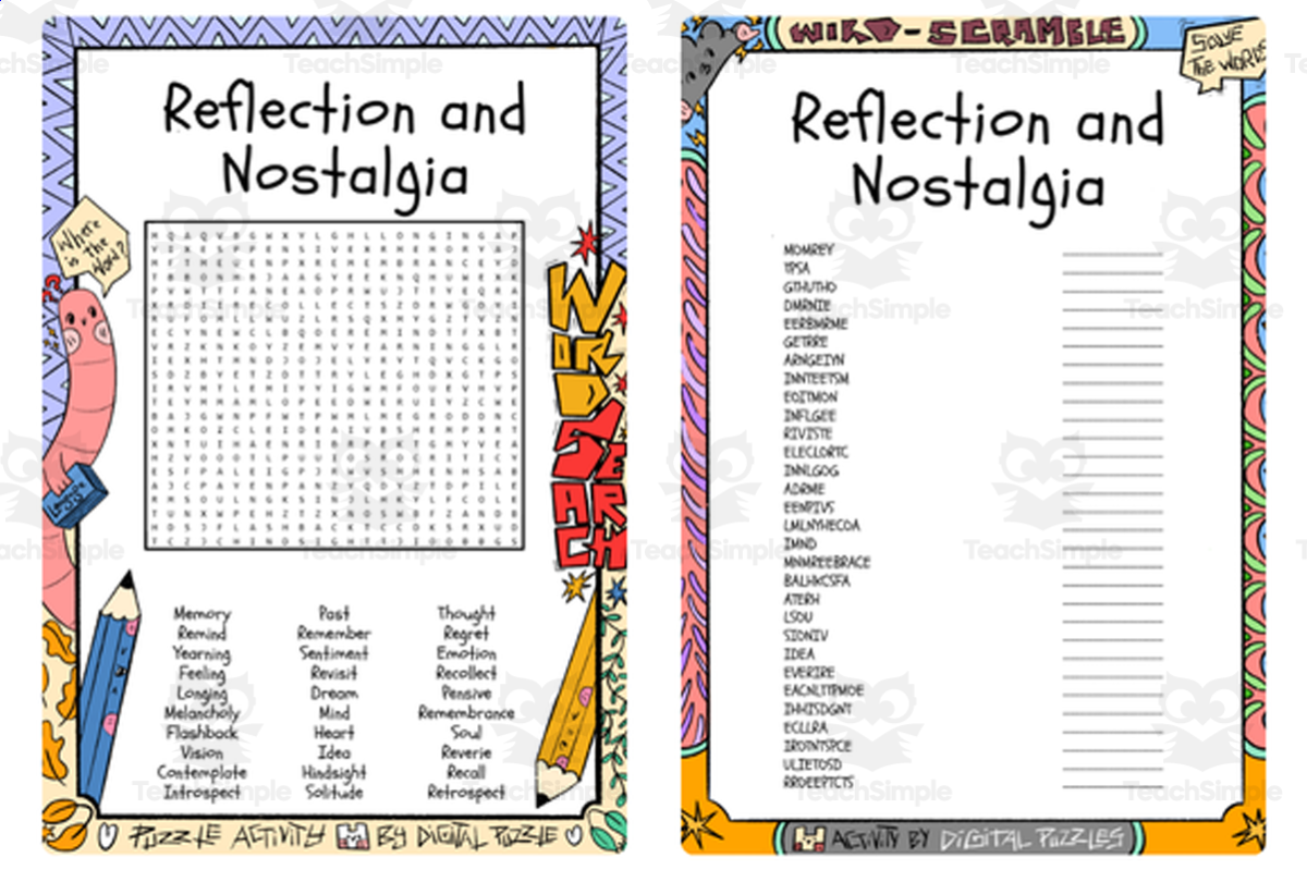 An educational teaching resource from Lapiiin Art Activities entitled Reflection and Nostalgia word search & scramble downloadable at Teach Simple.
