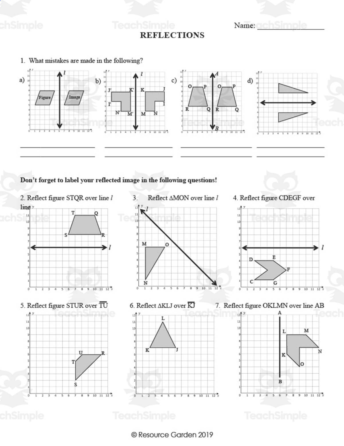 An educational teaching resource from Resource Garden entitled Reflections Worksheet – 3-Page Graphing Practice downloadable at Teach Simple.