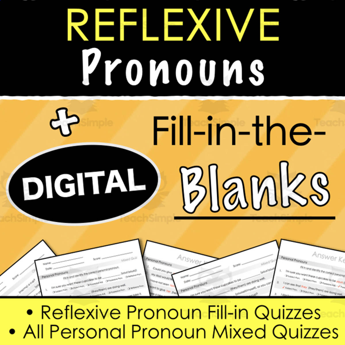An educational teaching resource from Tom's Talk entitled REFLEXIVE PRONOUNS - Fill-in-the-Blanks Activities - Digital and Print & Go! downloadable at Teach Simple.