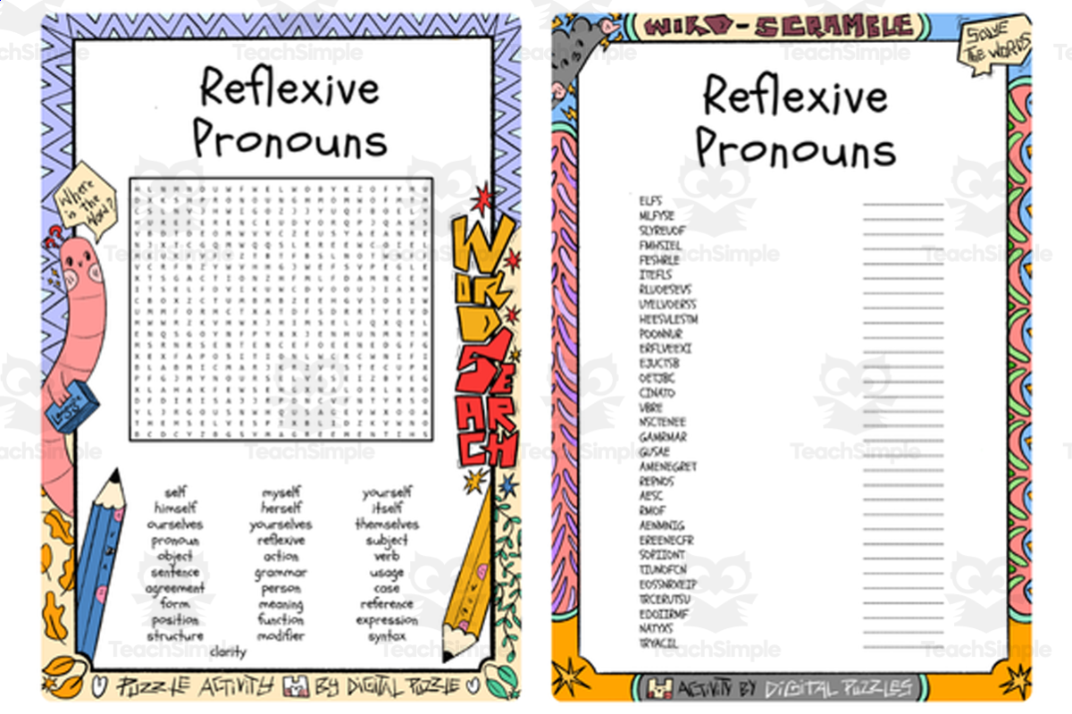 An educational teaching resource from Lapiiin Art Activities entitled Reflexive Pronouns word search & scramble downloadable at Teach Simple.
