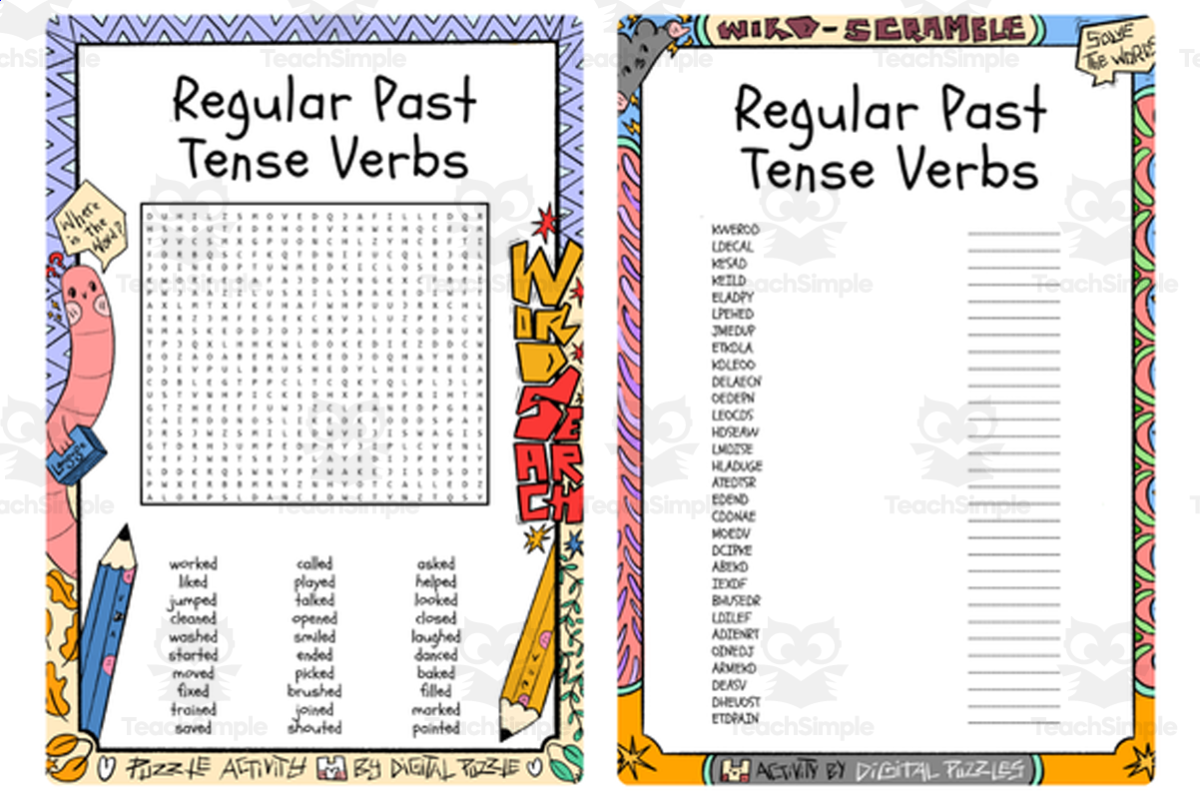 An educational teaching resource from Lapiiin Art Activities entitled Regular Past Tense Verbs word search & scramble downloadable at Teach Simple.