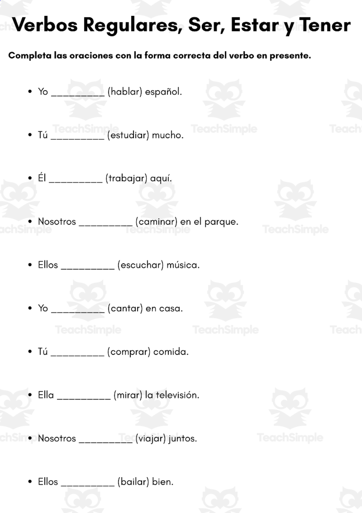 An educational teaching resource from MultiLingual Grammar Lab entitled Regular Verbs, Ser, Estar and Tener Exercises downloadable at Teach Simple.