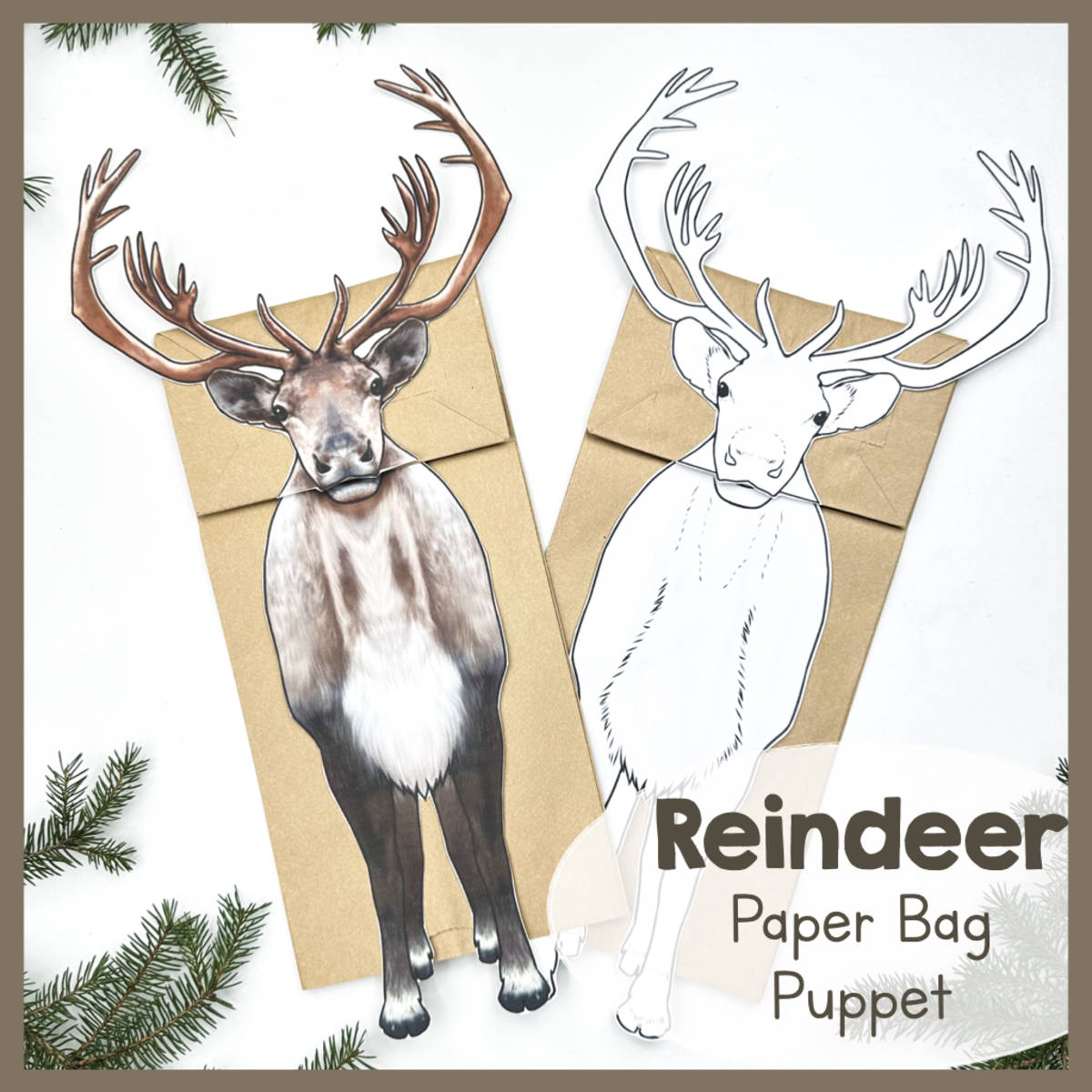 An educational teaching resource from Simply Schoolgirl entitled Reindeer | Paper Bag Puppet | Printable Craft | Caribou downloadable at Teach Simple.