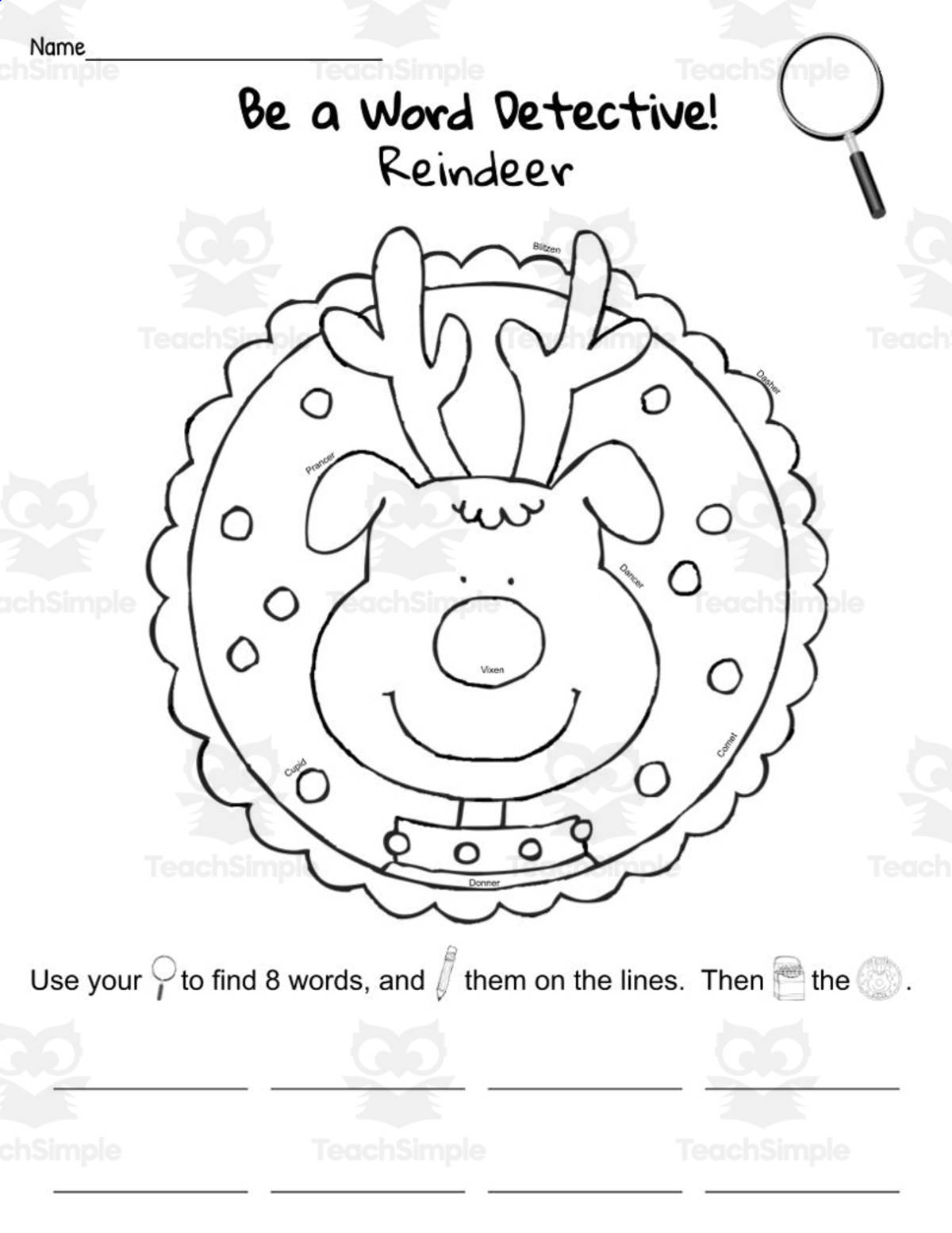 An educational teaching resource from Hook Learn and Tinker entitled Reindeer Word Detective Printable downloadable at Teach Simple.