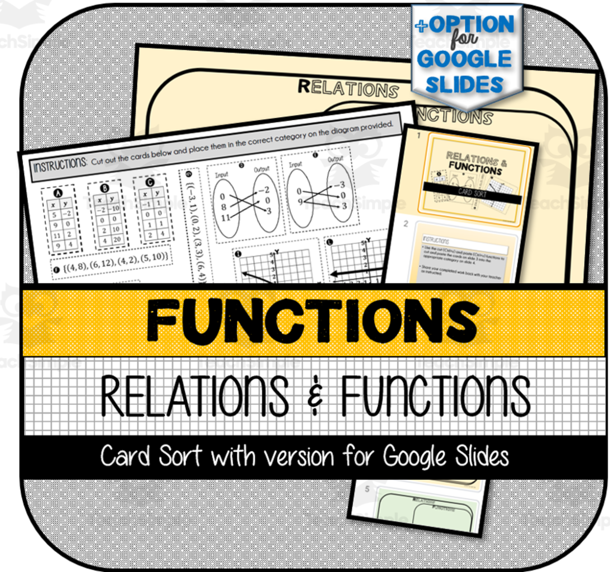 An educational teaching resource from The Math Cafe entitled Relations & Functions CARD SORT downloadable at Teach Simple.