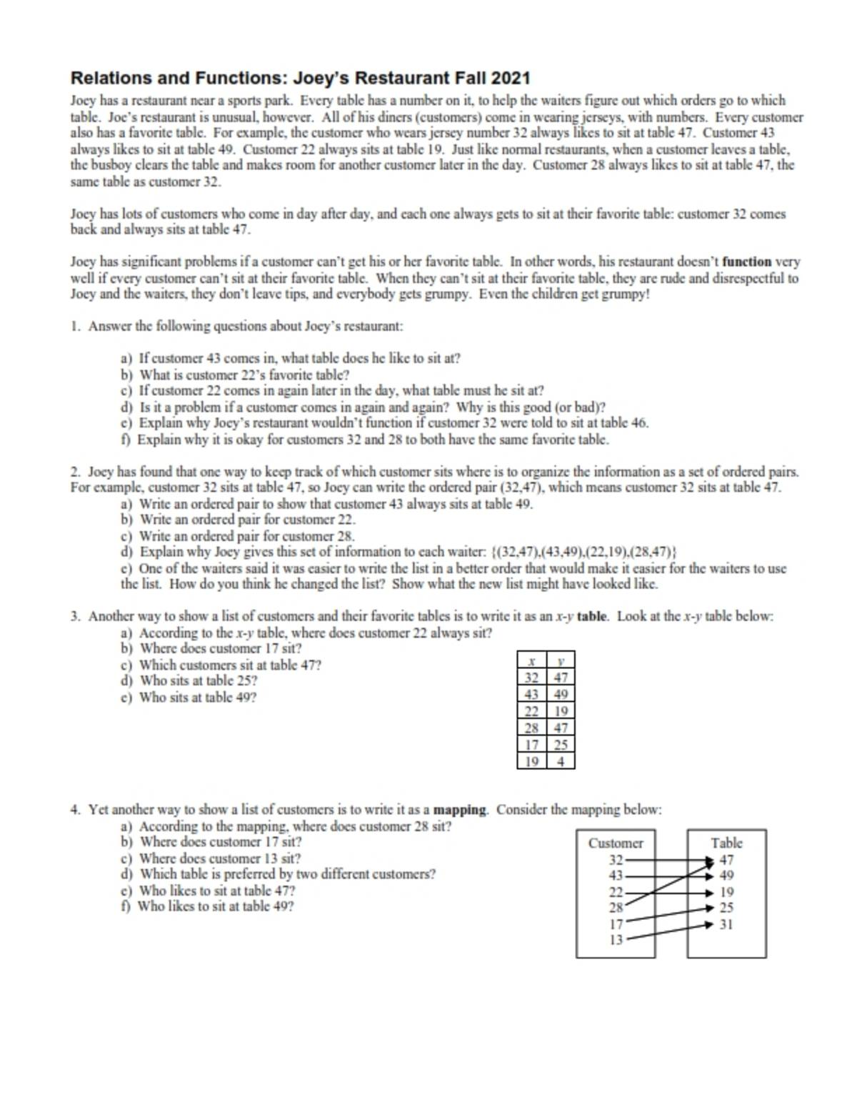 An educational teaching resource from Peter Jonnard entitled Relations & Functions: Joey's Restaurant downloadable at Teach Simple.