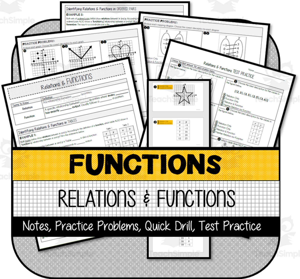 An educational teaching resource from The Math Cafe entitled Relations & Functions NOTES & PRACTICE downloadable at Teach Simple.