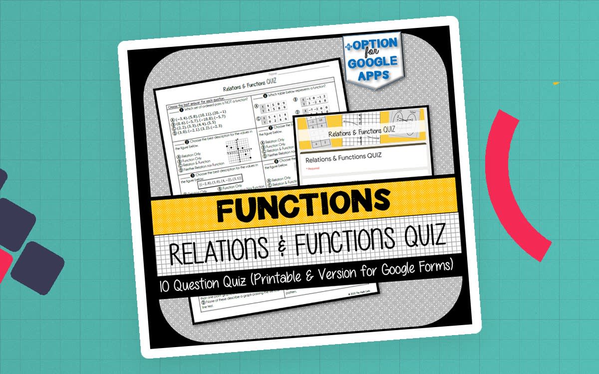 An educational teaching resource from The Math Cafe entitled Relations and Functions QUIZ downloadable at Teach Simple.