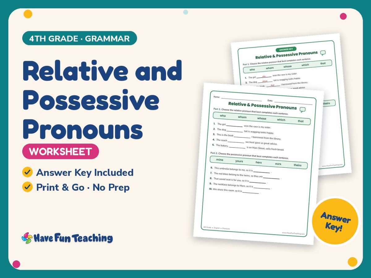 Relative and Possessive Pronouns Worksheet – 4th Grade Grammar preview