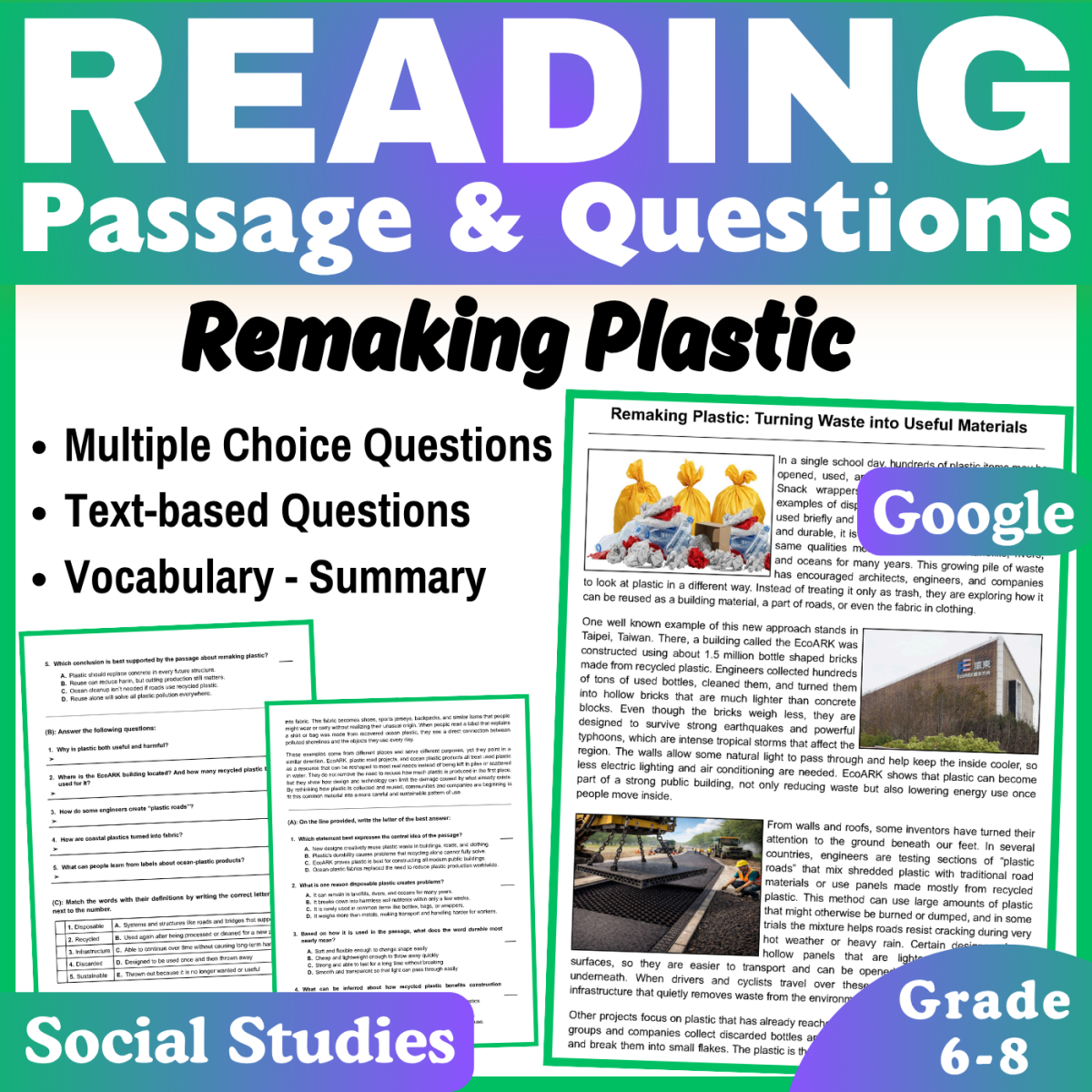 An educational teaching resource from CORED Education - Middle & High School entitled Remaking Plastic: Social Studies Reading Comprehension Passage (Docs) downloadable at Teach Simple.