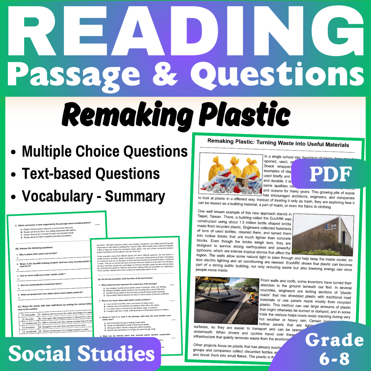 An educational teaching resource from CORED Education - Middle & High School entitled Remaking Plastic: Social Studies Reading Comprehension Passage (PDF) downloadable at Teach Simple.