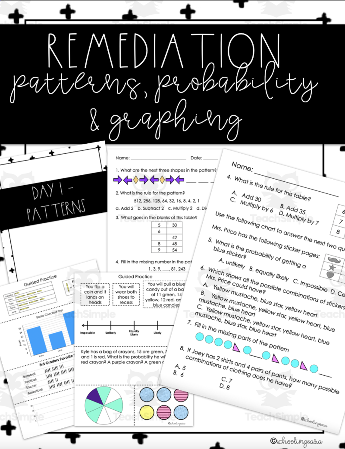 An educational teaching resource from SchoolingSara entitled Remediation Plan: Graphing, Patterns, and Probability downloadable at Teach Simple.