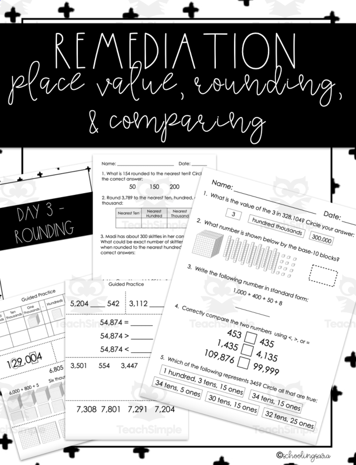 An educational teaching resource from SchoolingSara entitled Remediation Plan: Rounding, Place Value, Comparing & Ordering Numbers downloadable at Teach Simple.