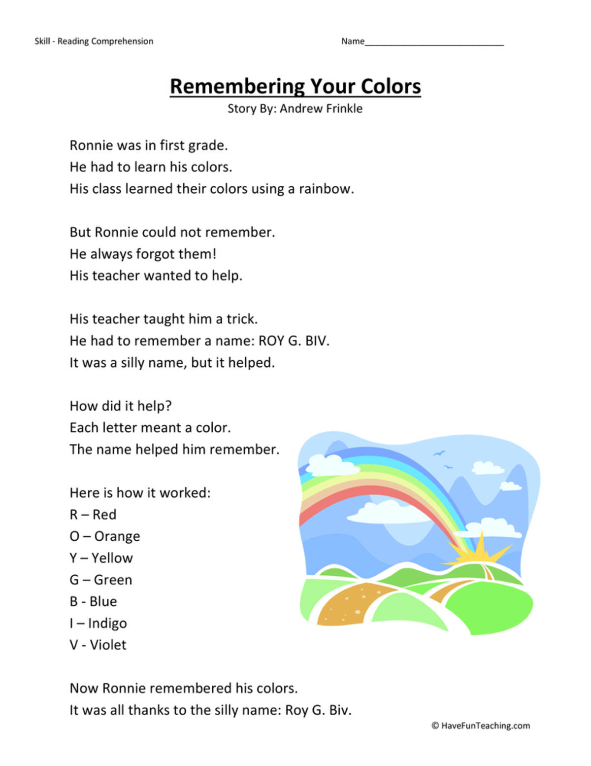 An educational teaching resource from Have Fun Teaching entitled Remembering Your Colors Reading Comprehension Worksheet downloadable at Teach Simple.