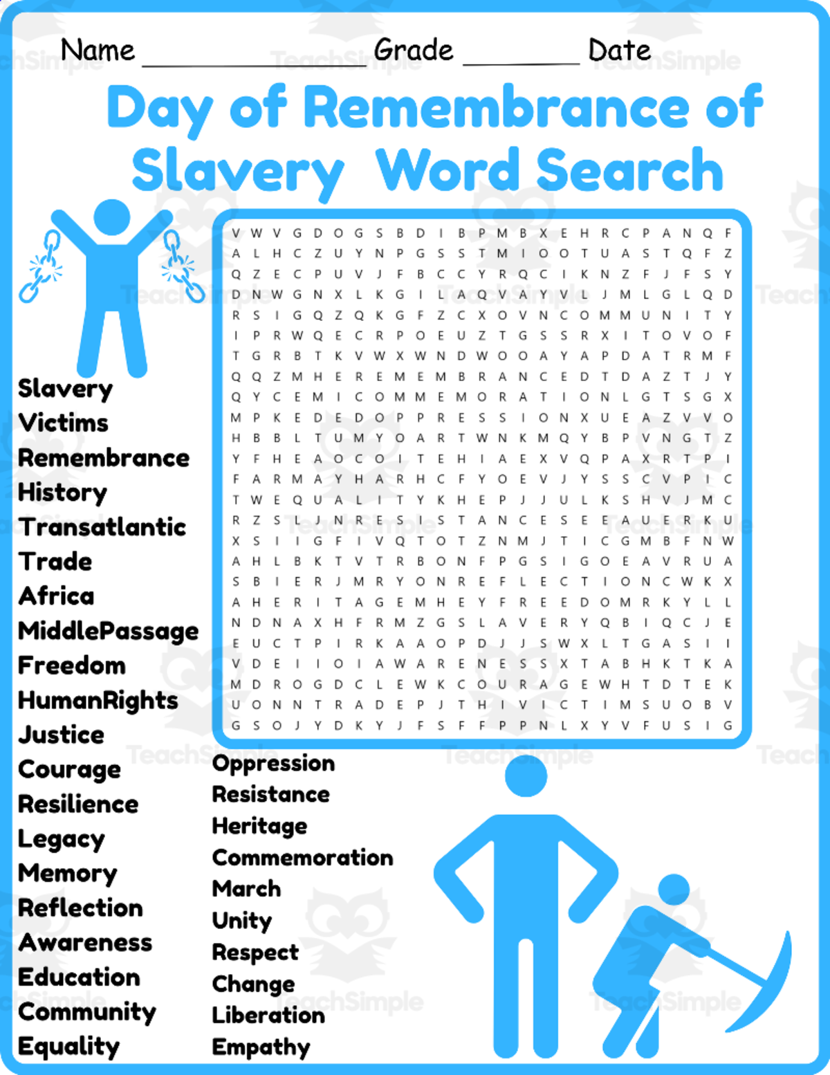An educational teaching resource from Classsimple entitled Remembrance of Slavery Victims Word Search 2nd 3rd 4th 5th Grade downloadable at Teach Simple.