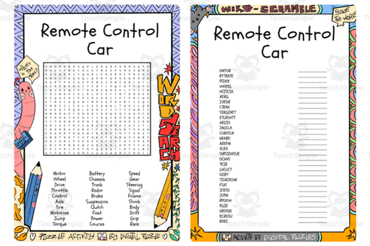 An educational teaching resource from Lapiiin Art Activities entitled Remote Control Car word search & scramble downloadable at Teach Simple.